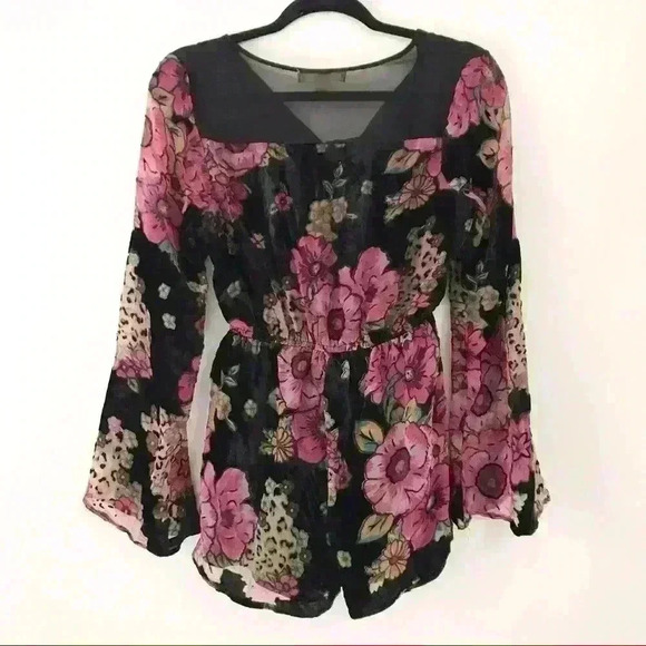 Band of Gypsies Black Velvet Floral Burnout Long Sleeve Romper - Picture 4 of 8
